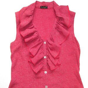 Loco Lindo Vintage Red White Polka Dot Pearl Button Ruffle Blouse Top USA sz S